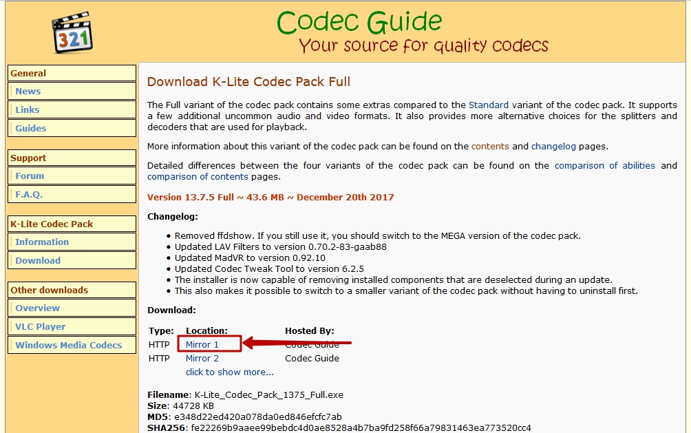 Страница скачивания K-Lite Codec Pack